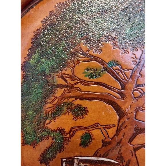 Vintage Tooled Leather Wall Hanging Picture Round Wood Handmade cottage hippie - Picture 8 of 10